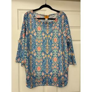 Ruby Rd Woman 1X Blue Medallion Print Tunic Top Ruched Sides Beaded Neck